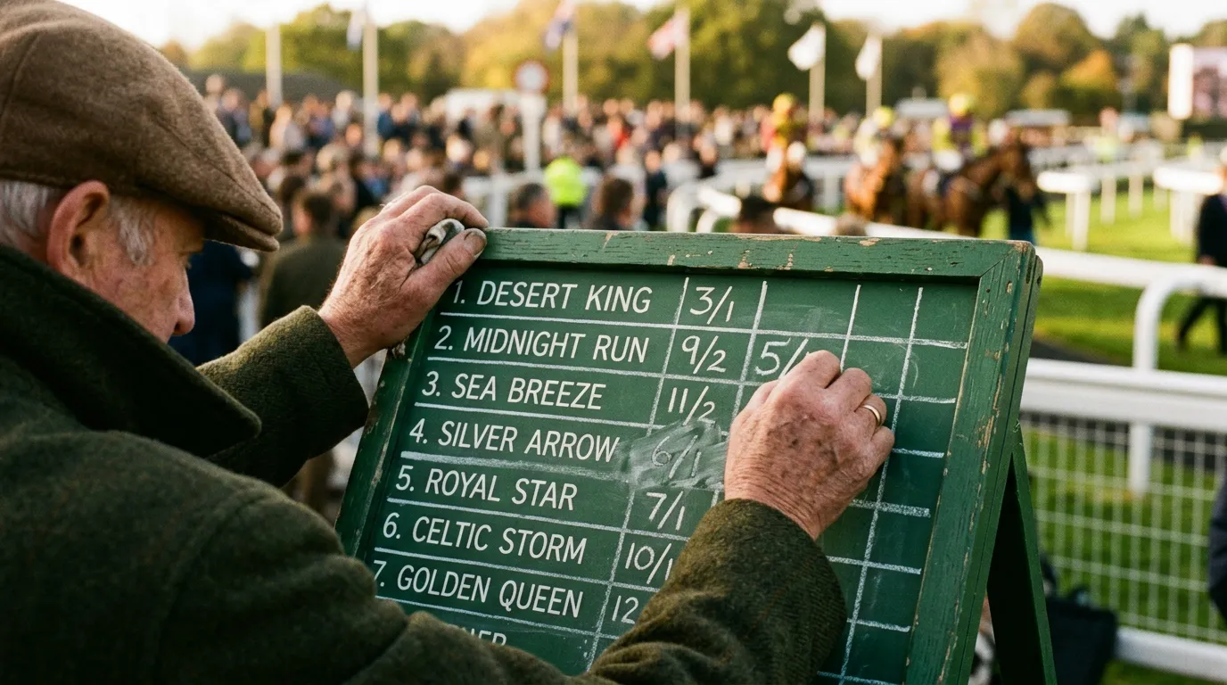 Bookmaker adjusting chalk board odds at a UK horse racing meeting