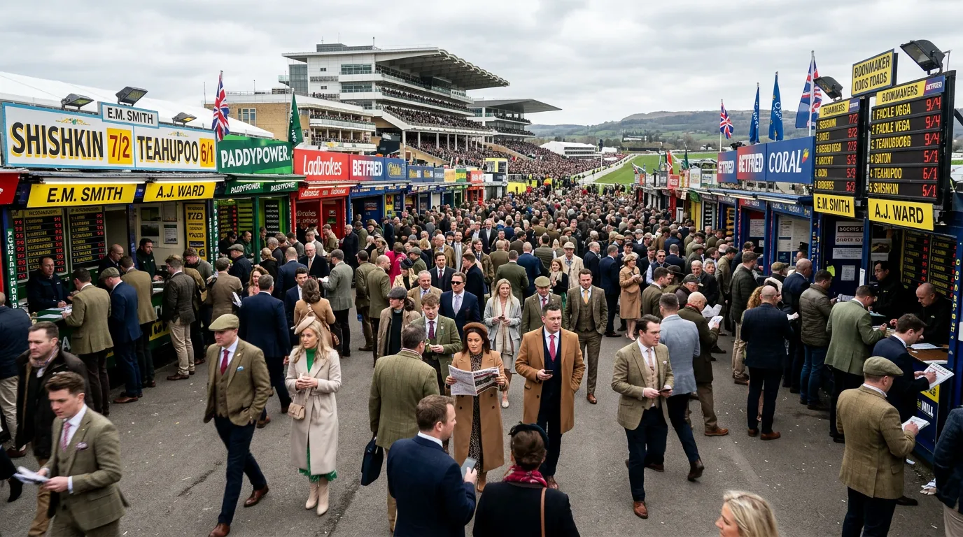 Crowds gathered at Cheltenham Festival betting ring with bookmaker stands