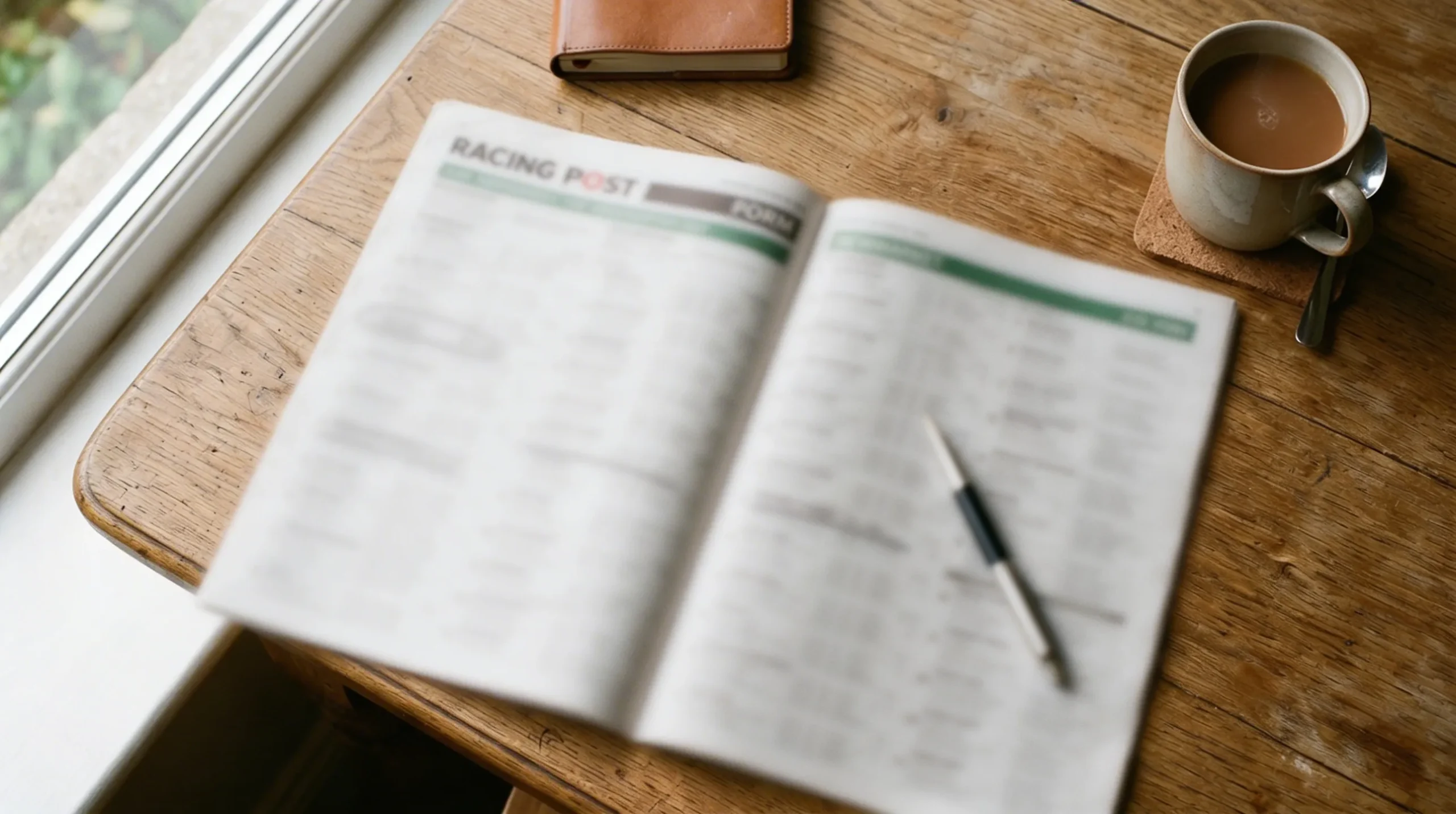 Racing form guide newspaper with pen marking selections for each-way bets