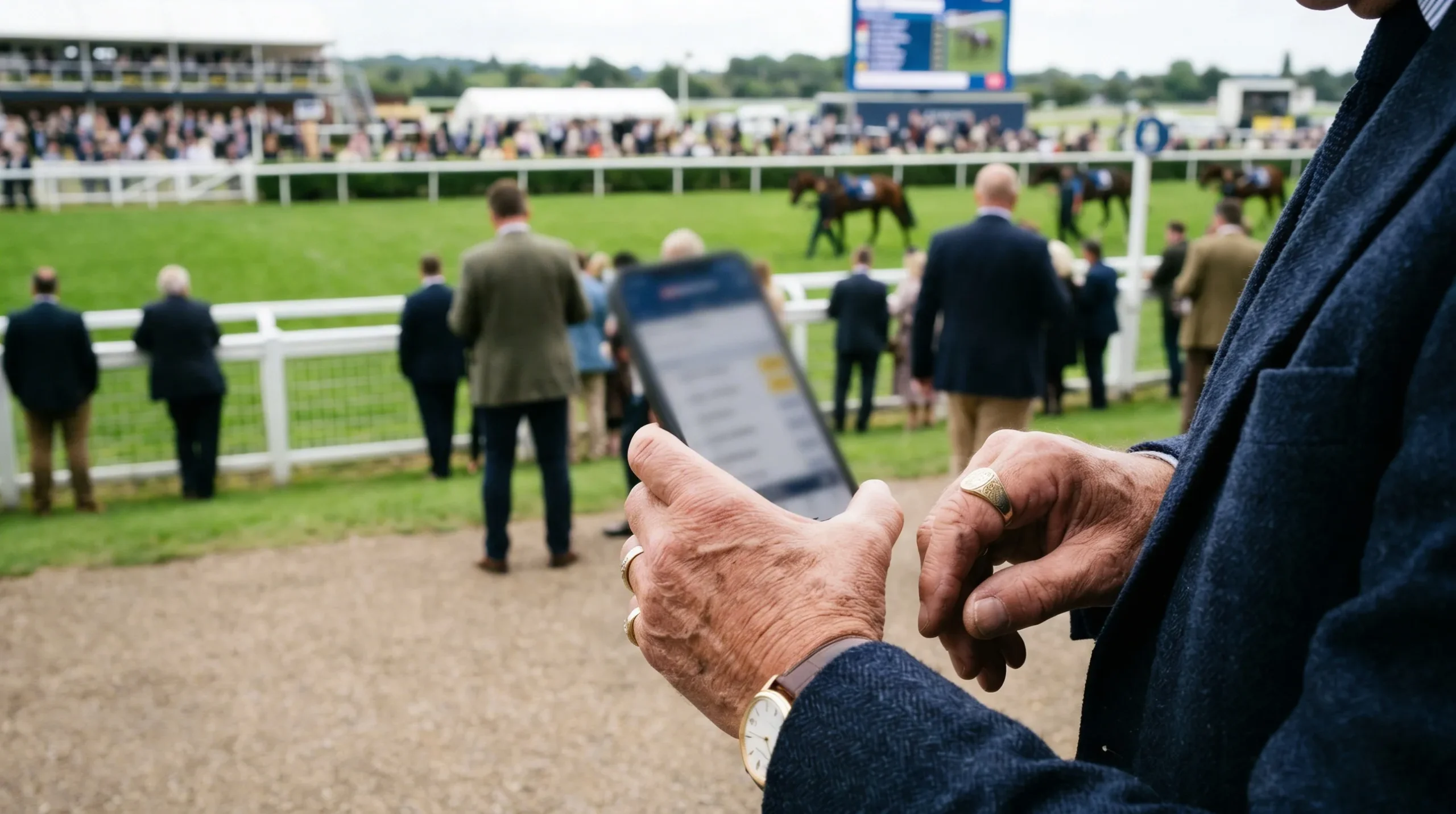 Punter using mobile betting app displaying decimal odds at British racecourse