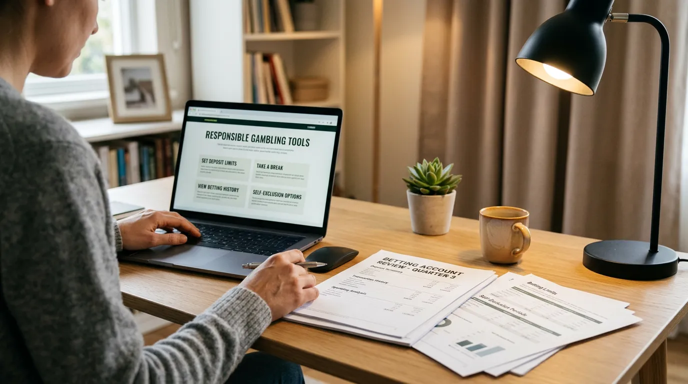 Person reviewing betting account statement with deposit limit settings visible