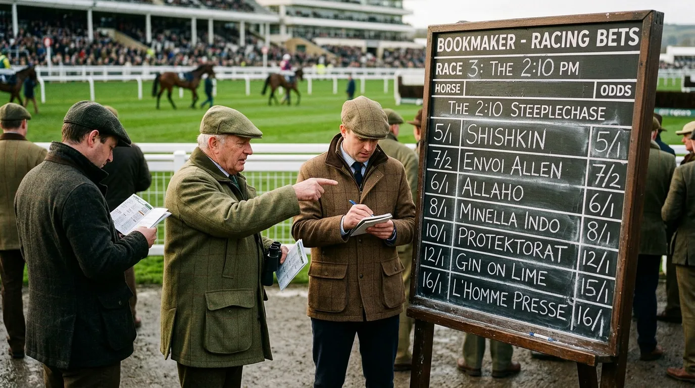 UK racecourse betting board showing fractional odds with punters studying prices