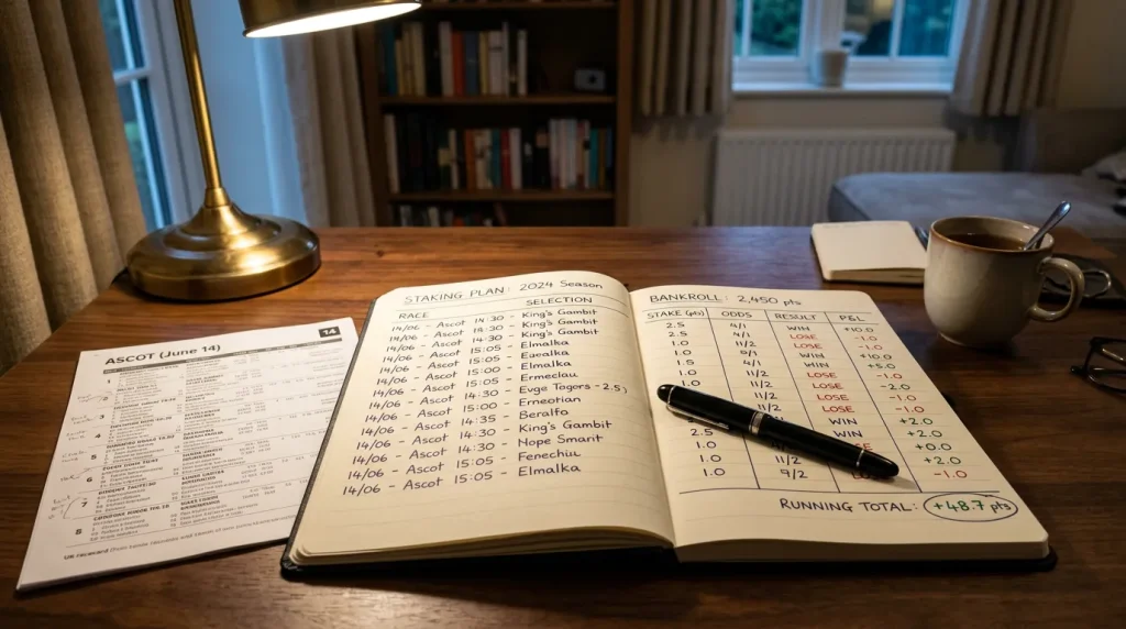 Disciplined punter reviewing a handwritten staking plan and betting record ledger at a desk