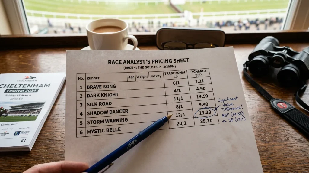 Betfair exchange BSP versus traditional starting price comparison on a printed raceday document