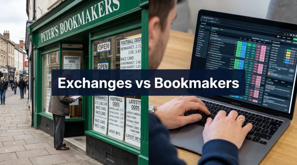 Two sides of a betting exchange interface showing back and lay prices for UK horse racing markets