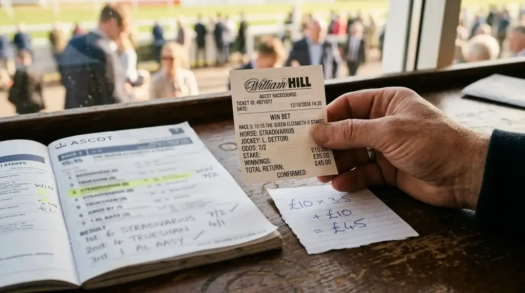 Bettor reviewing a winning horse racing bet slip with fractional odds and returns written out by hand