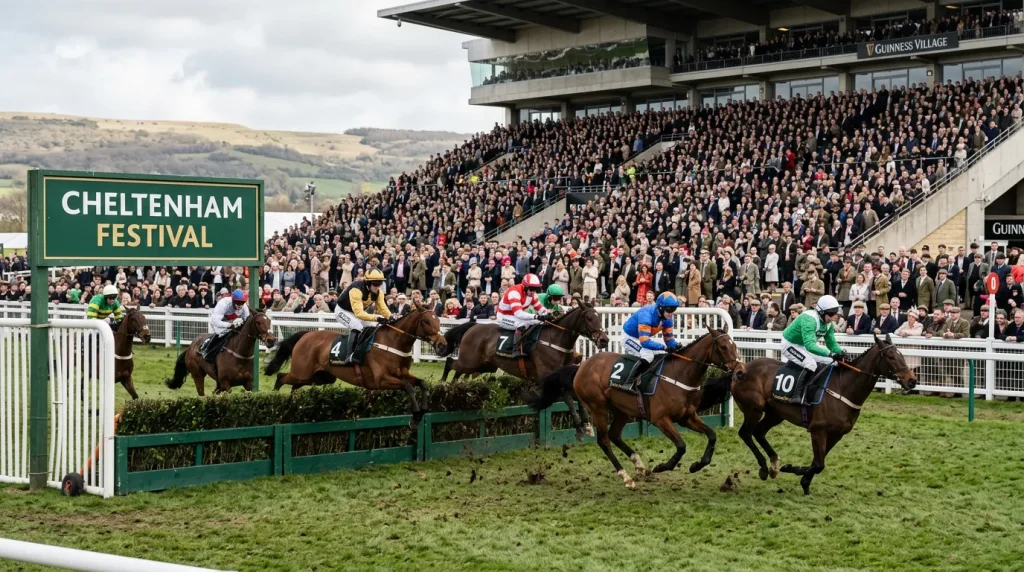 Cheltenham Festival raceday crowd at the famous racecourse with horses jumping the final hurdle