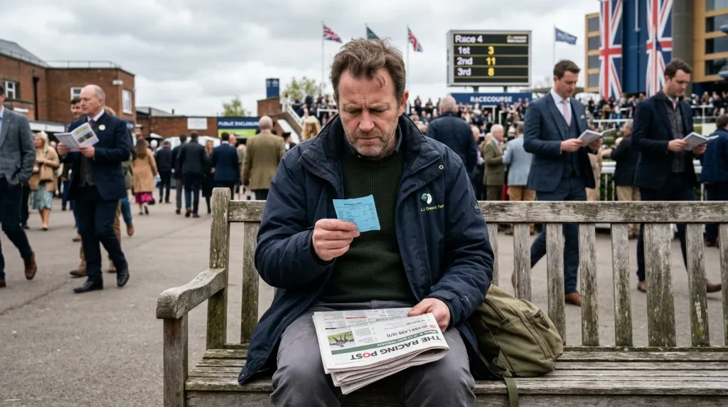 Frustrated punter at UK racecourse studying a losing bet slip with racing form guide open beside them
