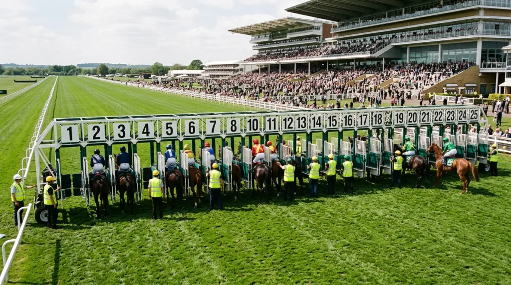 Starting stalls numbered across the width of a UK flat racing course showing draw positions before race