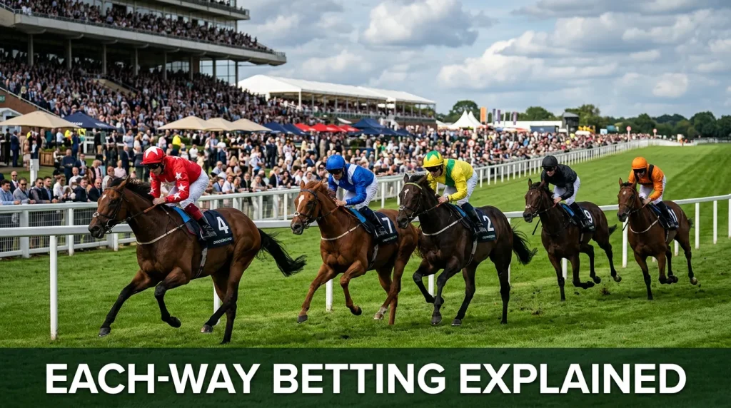 Thoroughbred horses racing on turf at a UK racecourse, illustrating each-way betting
