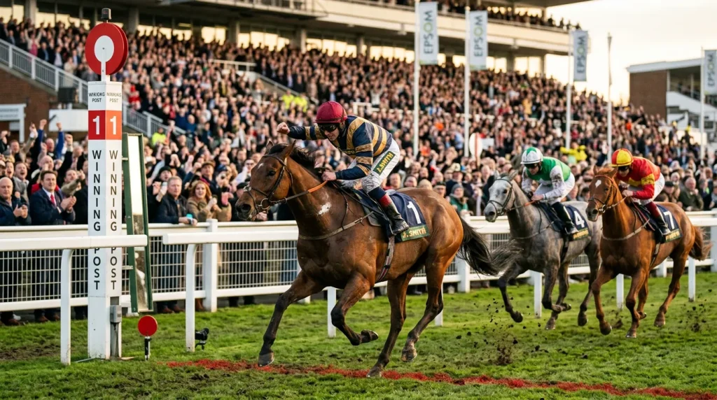 Clear favourite thoroughbred winning a UK horse race ahead of longshot outsiders at the finish line