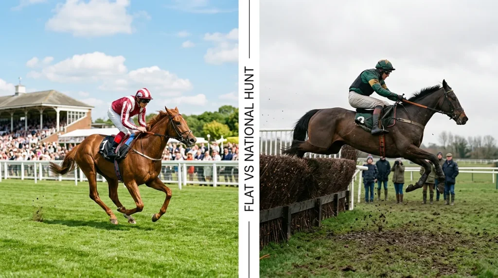 Split scene contrasting Flat racing thoroughbreds on turf with National Hunt horses jumping a fence