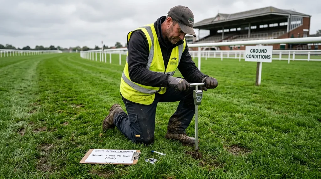 Groundsman checking going conditions on UK racecourse turf with going stick before racing