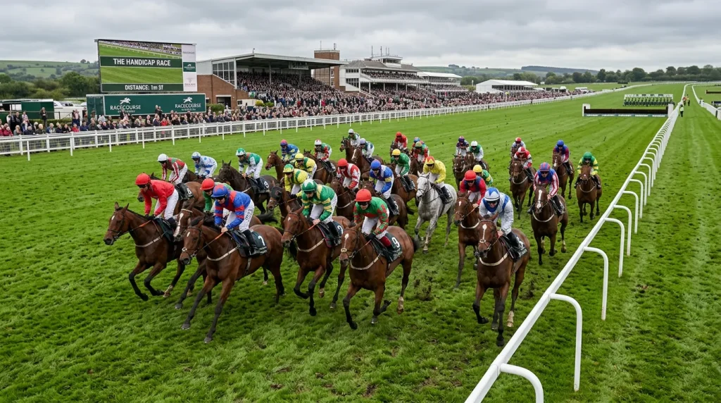 Large field of handicap racehorses bunched together at the start of a competitive UK handicap race