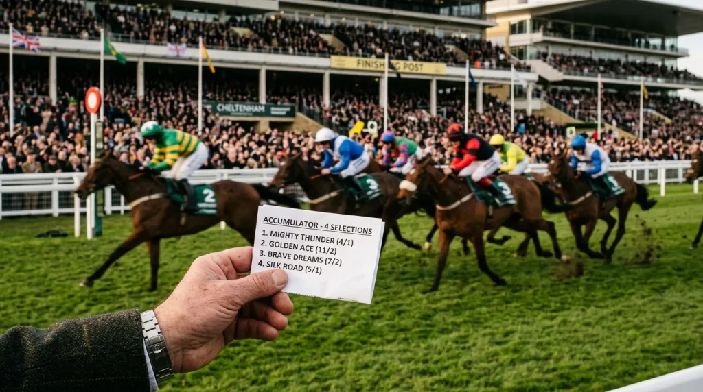 Horse racing accumulator bet slip showing multiple selections at UK racing festival