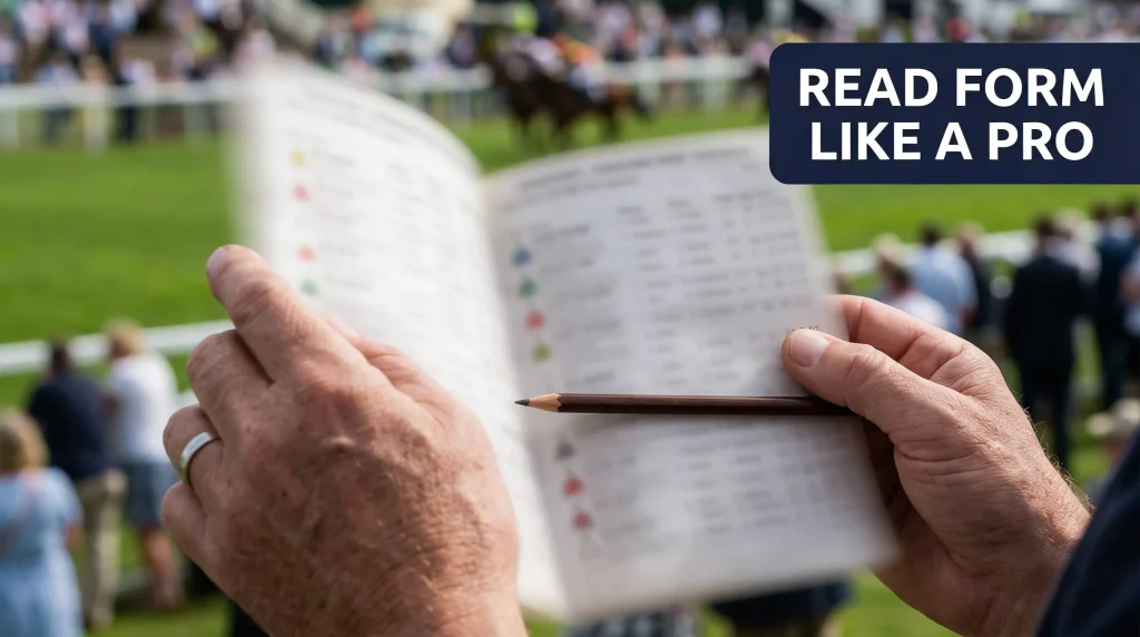 Experienced punter studying a printed horse racing form guide with trainer and jockey statistics