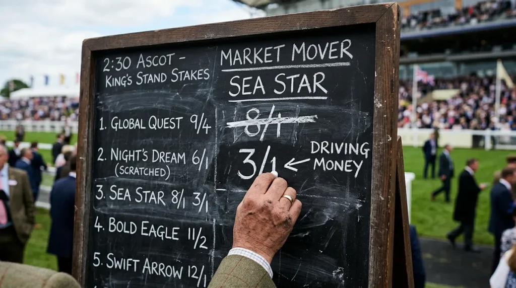 Horse racing odds board showing sharp market move with price shortening rapidly before race