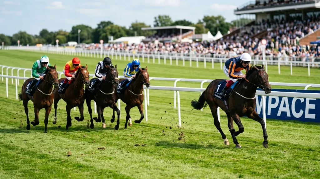 Front-runner leading the field by several lengths early in a UK flat race with hold-up horses in pursuit