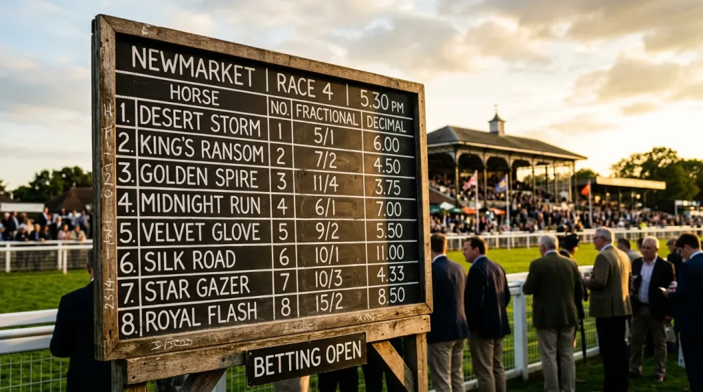 Betting board displaying fractional and decimal horse racing odds at a UK racecourse