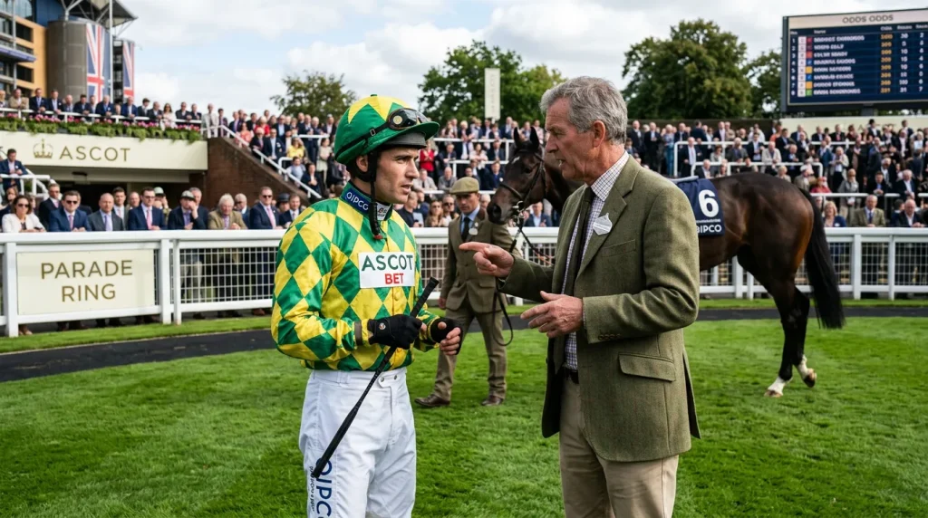 Champion jockey in silks walking to the parade ring consulted by trainer before a UK race