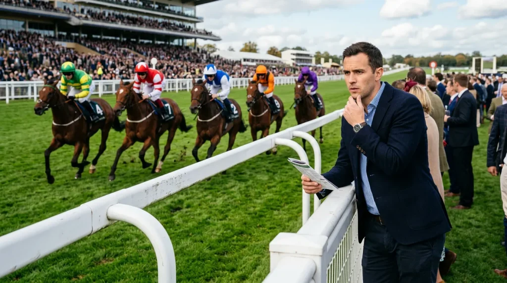 Racegoer watching live in-play horse racing at UK course with race unfolding on track behind them