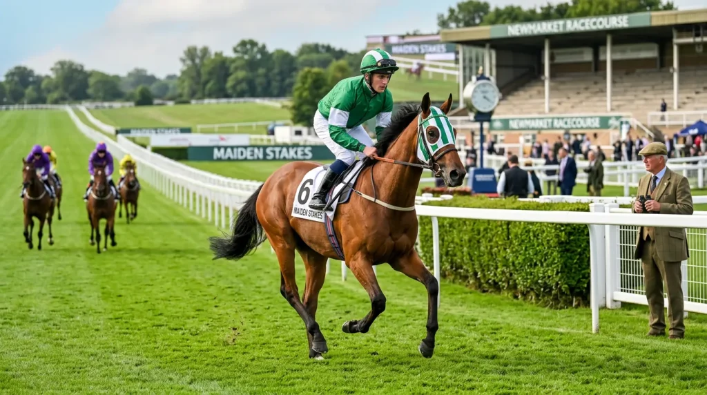 Young unraced thoroughbred making its debut in a UK maiden race on fresh green turf