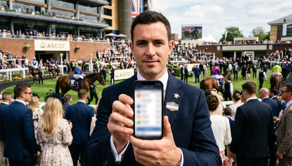 Racegoer at UK racecourse holding smartphone showing live horse racing odds with race in background