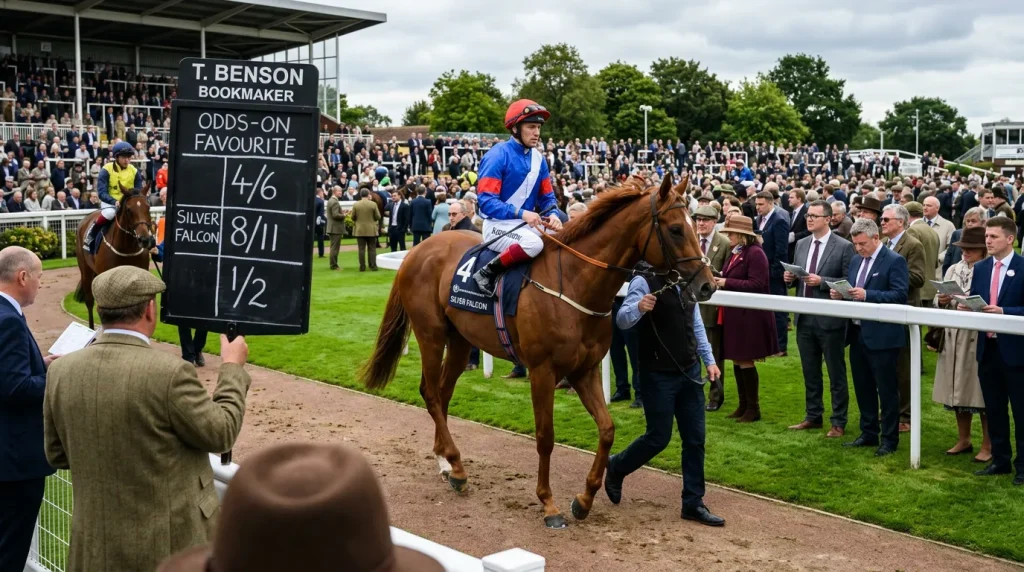 Odds-on favourite horse at UK racecourse betting board showing short prices