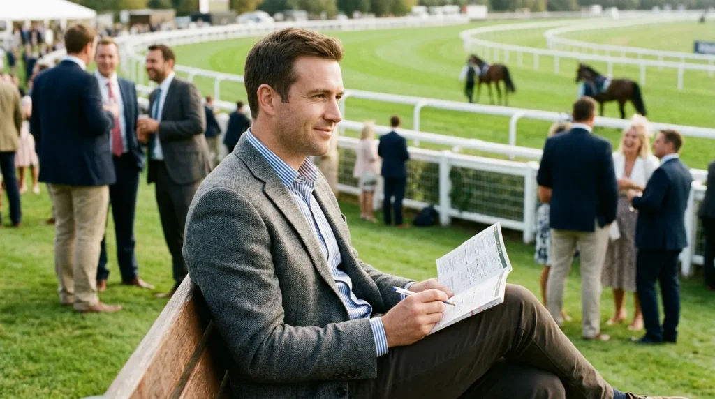 Person calmly setting personal betting limits with a supportive and considered approach at a racecourse