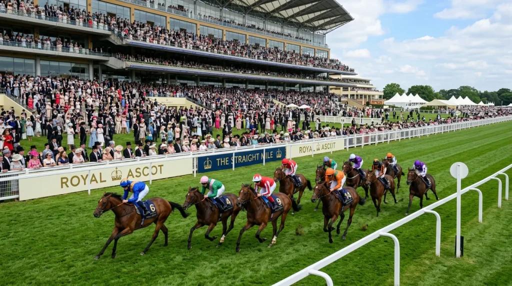Royal Ascot raceday scene with thoroughbreds on the straight mile course and elegantly dressed crowd