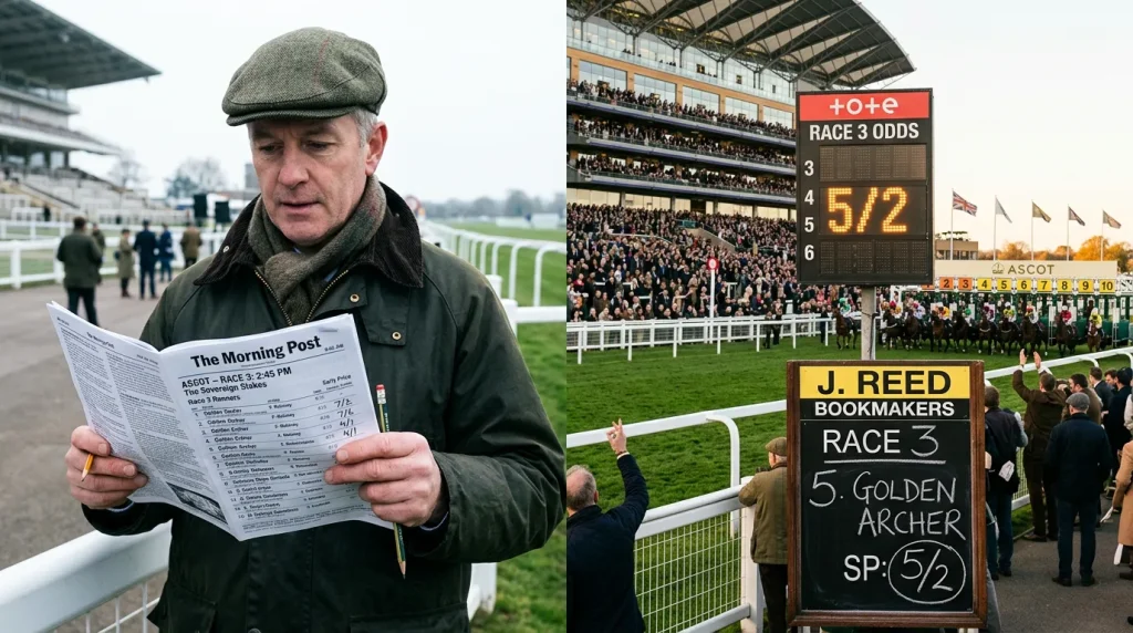 Bookmaker displaying early morning prices versus starting price at UK horse racing meeting