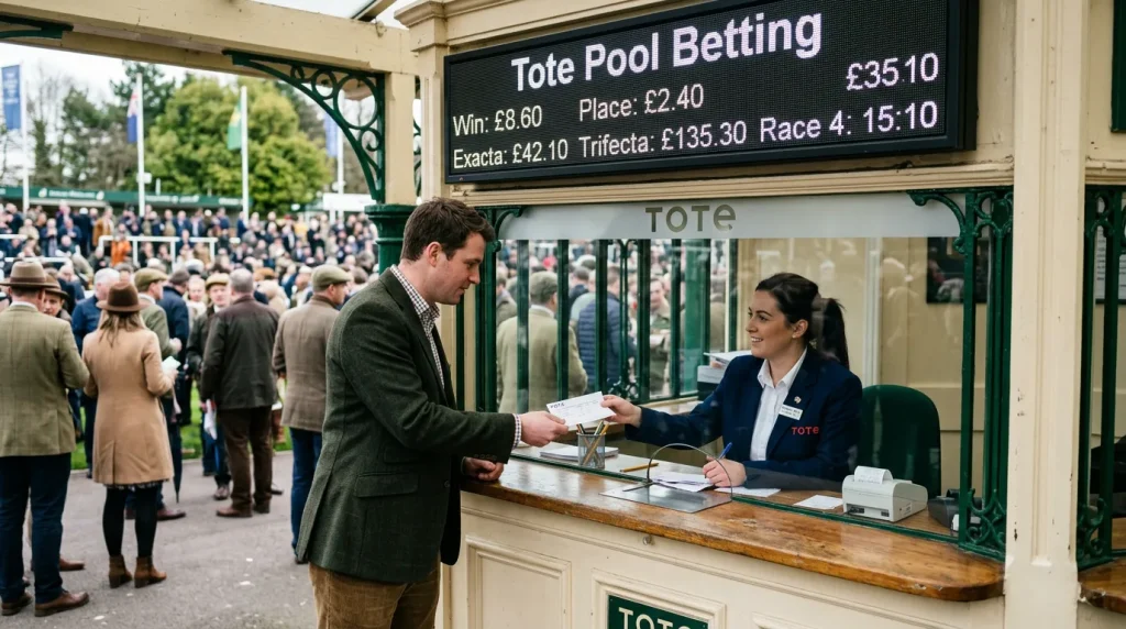 Tote pool betting board at UK horse racing showing dividend returns