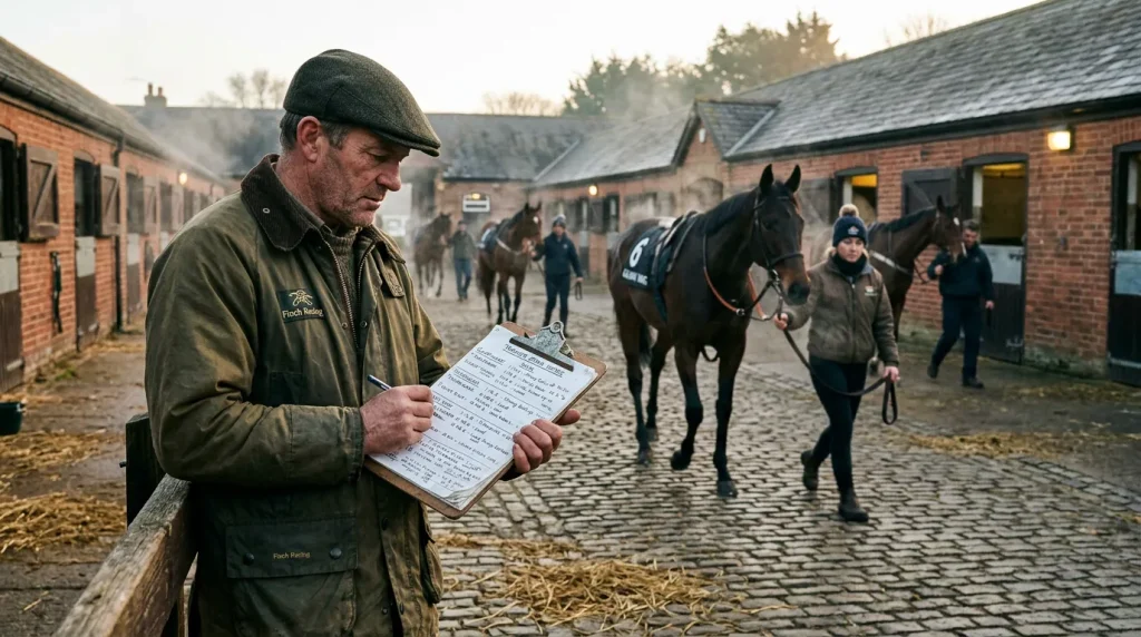 Racehorse trainer studying form notes on a clipboard at morning stables with horses in background