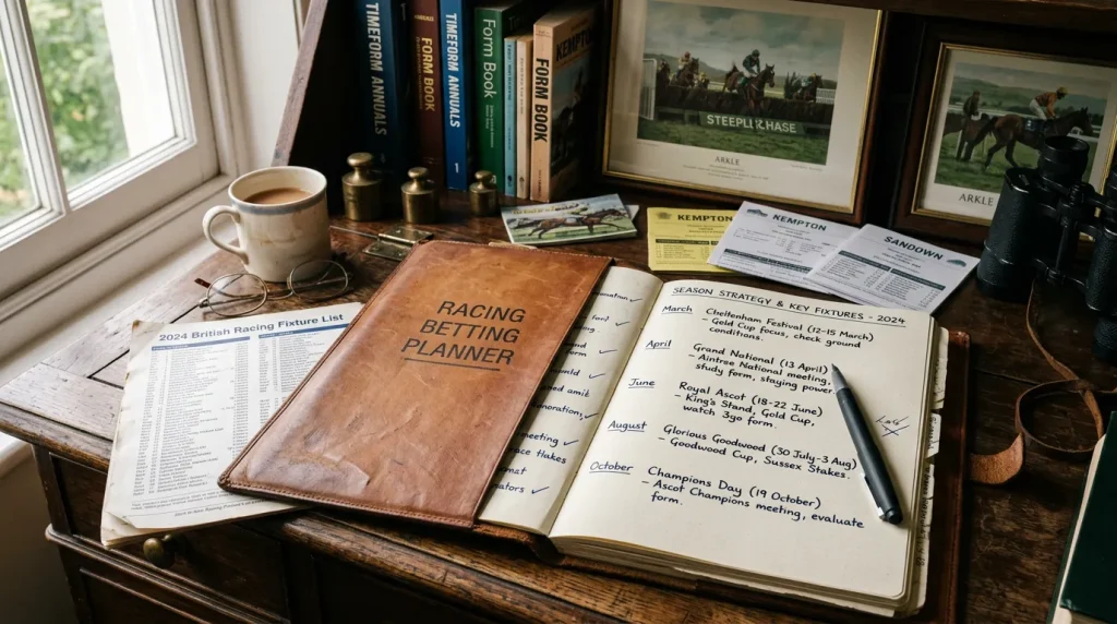 Seasonal UK horse racing betting planner showing key fixtures across Flat and National Hunt seasons
