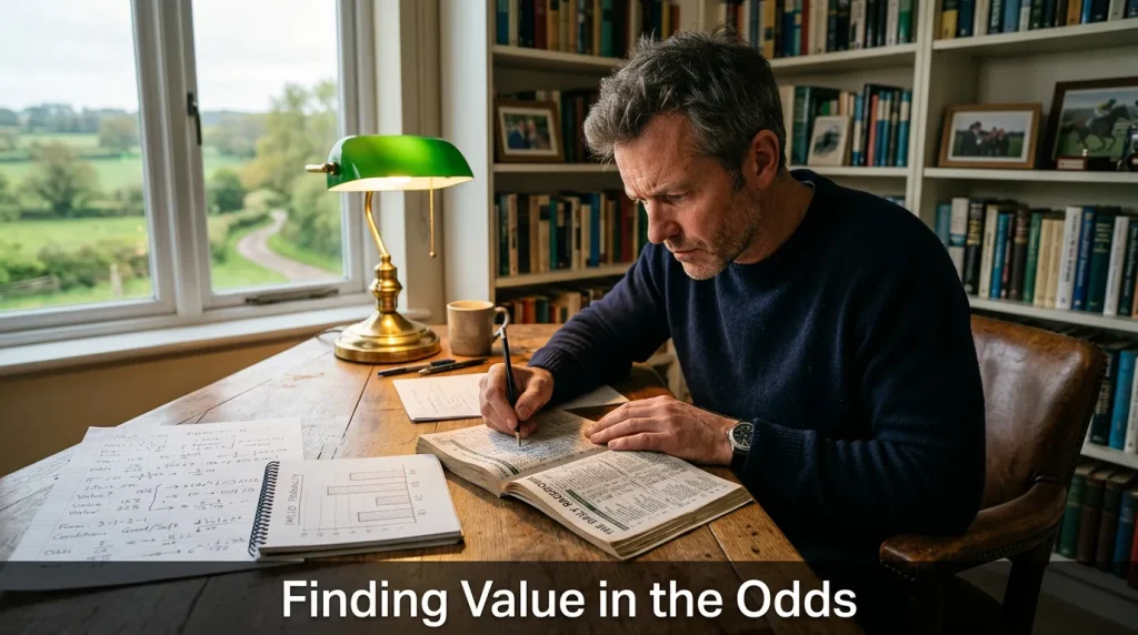 Punter reviewing race card and odds to identify value bets in UK horse racing